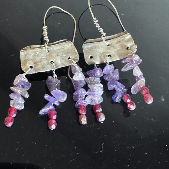 Amethyst Gemstone Purple Sterling Silver 925 Earrings Handmade Rustic Scrap - Picture 7 of 9